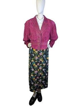 Vintage 80s Magenta Suede Puff Sleeve Cropped Jacket | Glam Moto | Size Small